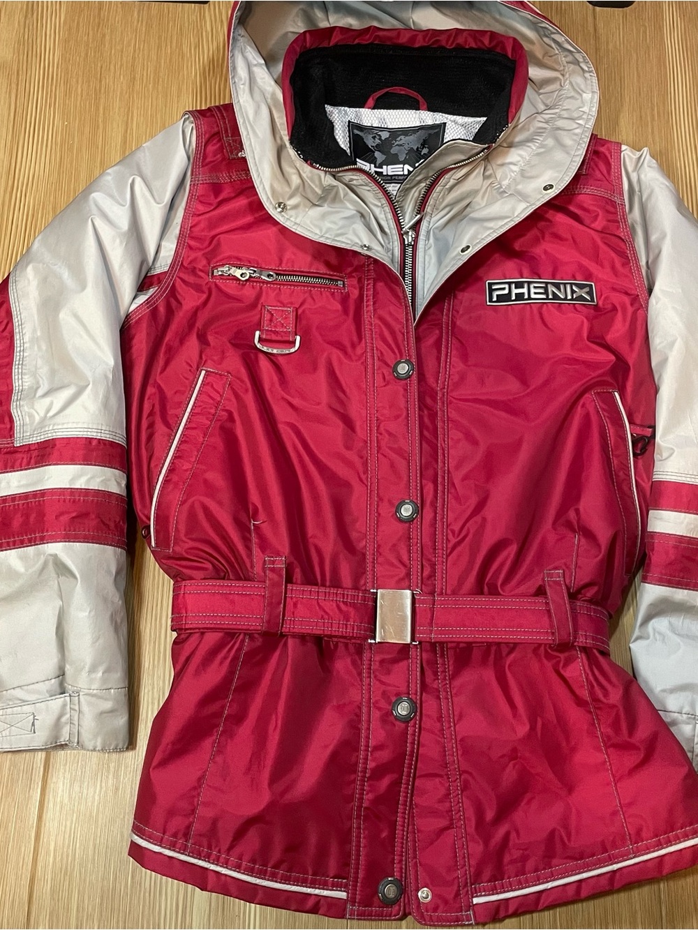 ⁠Vintage 90s Phenix Ski Jacket Womens 12 Large Belted Technical Retro Burgundy⁠